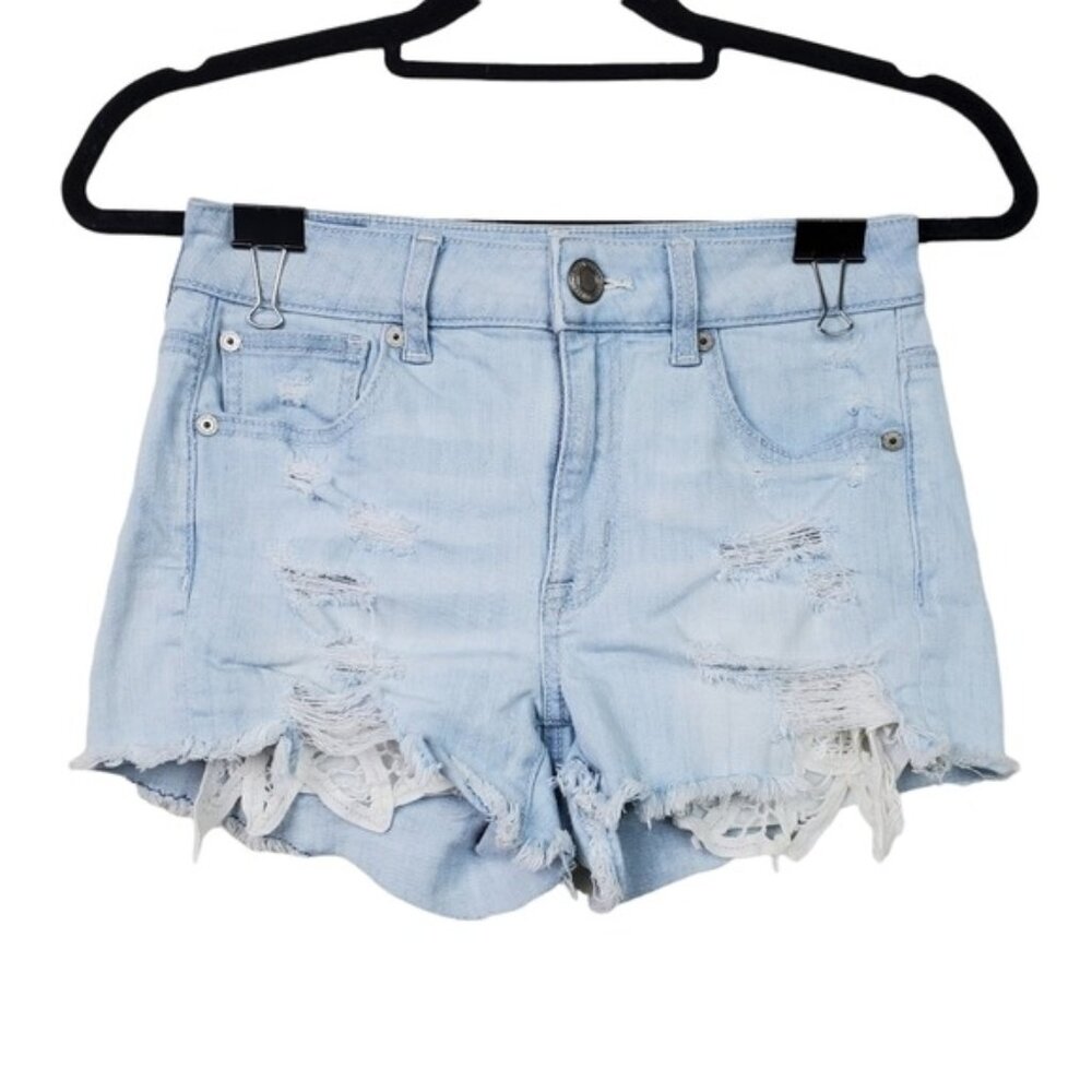 American Eagle Womens Light Wash Distressed Hi-Rise Shortie Shorts Size 0